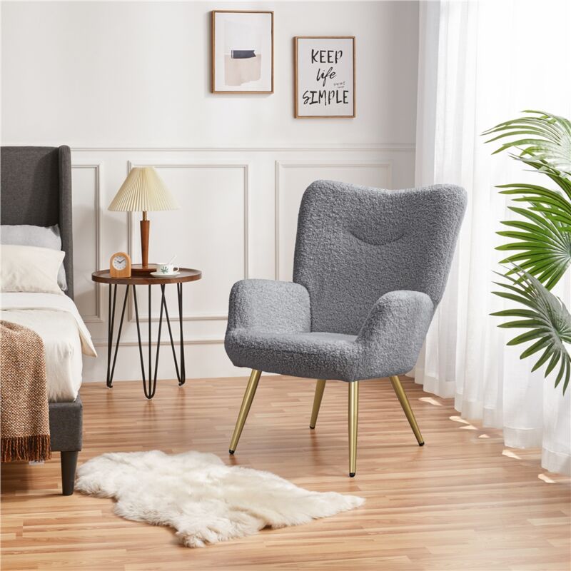 Yaheetech - Fauteuil Scandinave en Tissu Bouclette Chaise d'appoint avec Haut Dossier Amovible Capiton Courbé Pieds Fuselés pour Salon Bureau Chambre