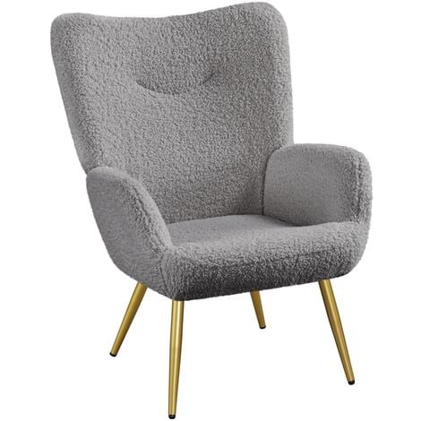 Yaheetech Fauteuil Scandinave en Tissu Bouclette Chaise d'appoint avec Haut Dossier Amovible Capiton Courbé Pieds Fuselés pour Salon Bureau Chambre Blanc