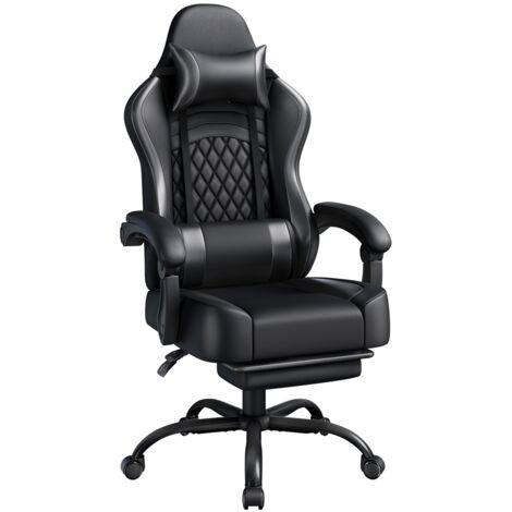 Yaheetech Fauteuil Gaming Pivotant Ergonomique, Chaise d'ordinateur Inclinable avec Coussin Lombaire, Massant Têtière Amovible Repose-Pieds Coulissant, Assise Réglable en Hauteur, Noir intégral