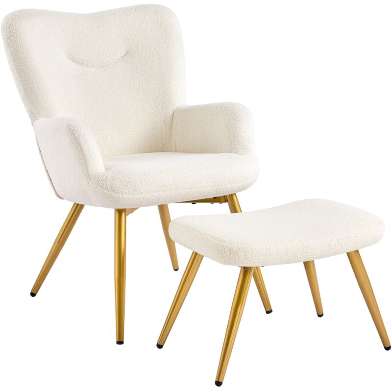 Fauteuil de Salon avec Repose-pieds en Tissu Bouclette Fauteuil à Oreilles Design Elégant Pieds Dorés en Métal pour Chambre Bureau Ivoire - Yaheetech