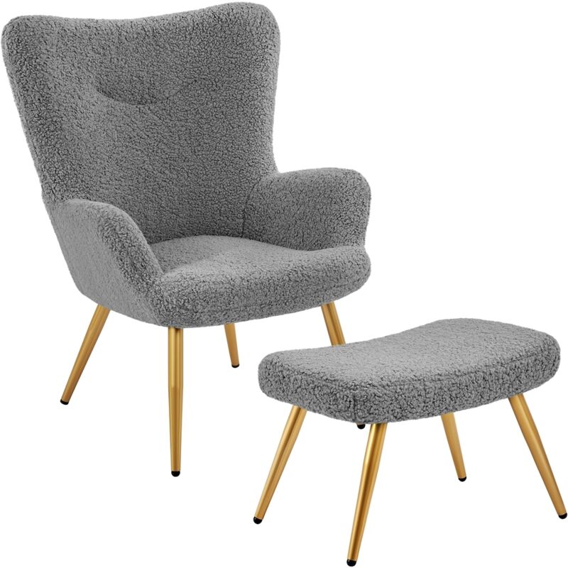 Fauteuil de Salon avec Repose-pieds en Tissu Bouclette Fauteuil à Oreilles Design Elégant Pieds Dorés en Métal pour Chambre Bureau Gris - Yaheetech