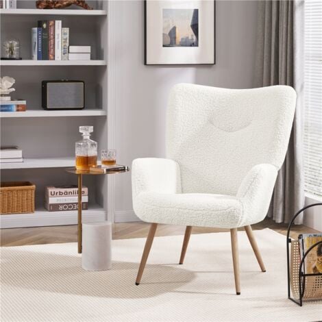 Yaheetech Fauteuil Scandinave en Tissu Bouclette Chaise d'appoint avec Haut Dossier Amovible Capiton Courbé Pieds Fuselés pour Salon Bureau Chambre Blanc