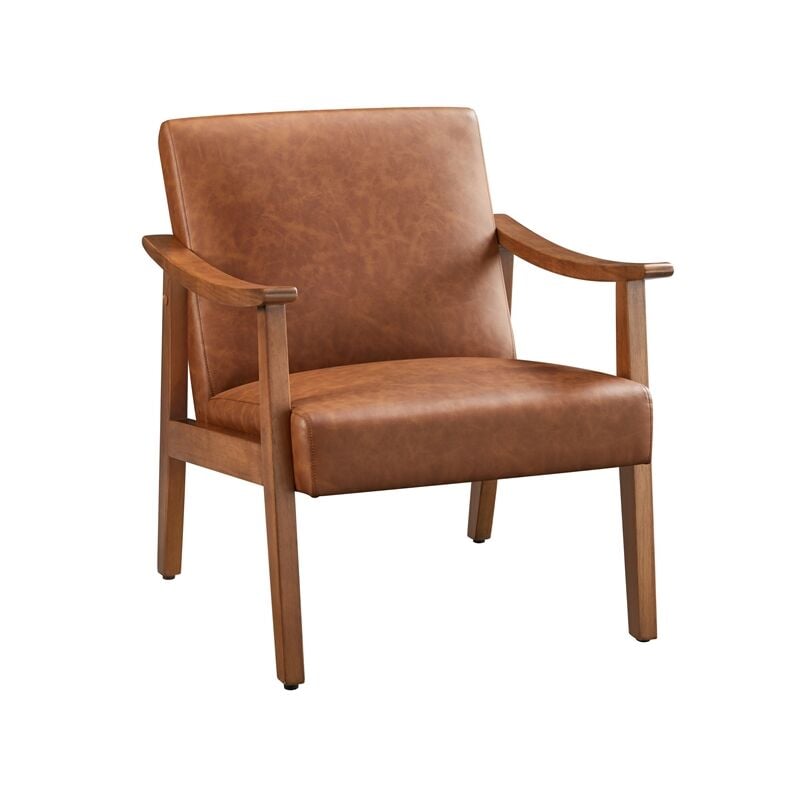 Modern Faux Leather Accent Chair Armchair With Solid Wood Legs, Light Brown - Yaheetech