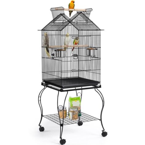 Yaheetech Gabbia Voliera per Uccelli Pappagalli in Metallo e Legno con Piedistallo Carrello Nera 59,5 x 59,5 x 145 cm