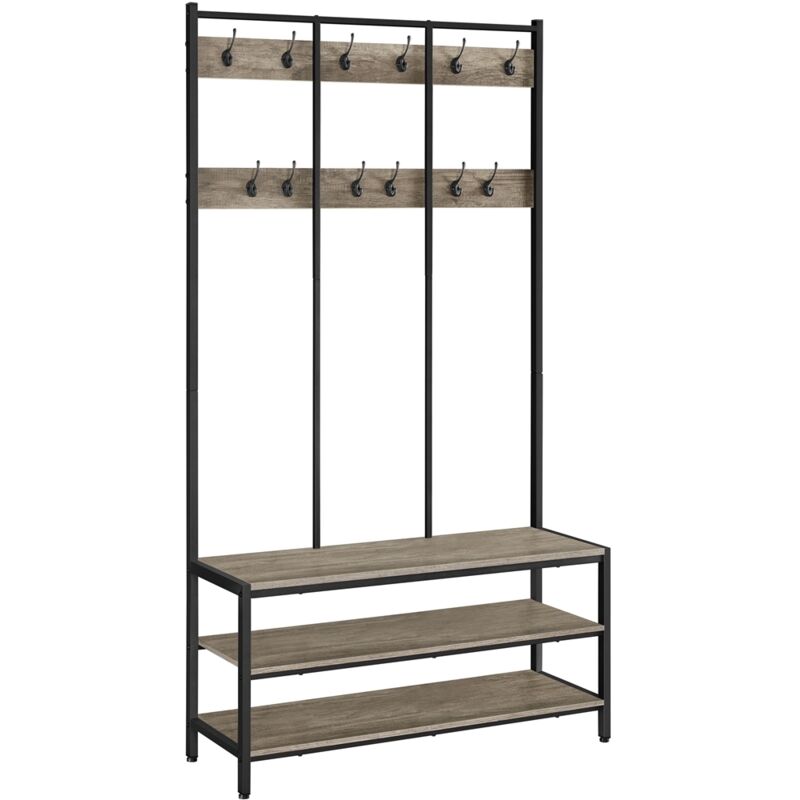 Yaheetech – Portemanteau en métal avec banc à chaussures – 12 crochets doubles – Dimensions 100×35×185cm – Capacité 125kg – Style industriel gris