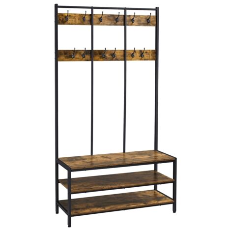 Yaheetech Grand Portemanteau, Meuble d'entrée avec 2 Étagères et Banc à Chaussures, 12 Crochets Double, Vestiaire avec Grand Espace de Rangement pour Salon Chambre Industrielle 100×35×185cm, Brun Rust