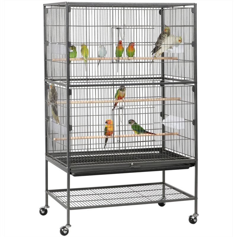 Grande Volière Cage Oiseaux sur roulettes Canaries Perroquet Perruches Cacatoès Ara 2 Étages avec Support 79 x 52 x 132 cm - Yaheetech