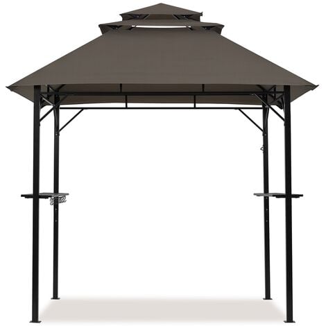 Yaheetech Grill Gazebo, Outdoor BBQ Gazebo with Height-adjustable Shelves & 10 S-shaped Hooks & Built-in Bottle Opener, Brown