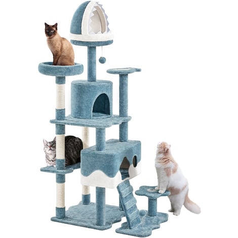 Yaheetech Kratzbaum Meer XXL deckenhoch, Ozean-Thema Katzenbaum 93x55x184 cm, mit 3 Katzenhöhle 5 Sisalstämme 4 Plattformen, Stabiler Stilvoller Kletterbaum für Katzen, Blau-Weiß