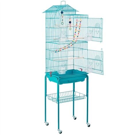 Yaheetech Large Roof Top Parrot Cage Bird Cage for Cockatiel Conure Parakeet Budgie Finch Lovebird with Stand/Toys, Teal Blue