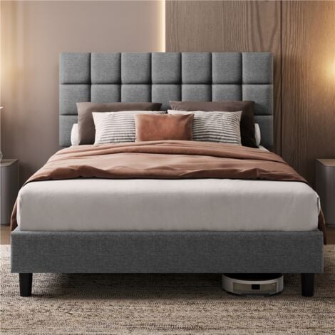 Yaheetech Letto Imbottito 140 x 200 cm con Testiera Quadrata Altezza Regolabile Doghe in Legno Grigio Chiaro