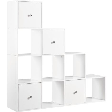 Yaheetech Libreria a 10 Cubi Scaffale per Libri in Legno a Forma L con Scomparti e 4 Cesti Pieghevoli, Design Moderno, per Scale Studio Soggiorno, 128x29x128 cm Bianco