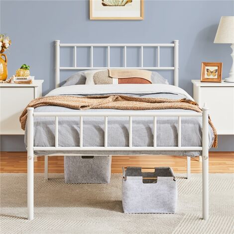 Yaheetech – Lit adulte en métal 90x200 cm – Structure robuste avec lattes – Hauteur de tête de lit 88,5 cm – Garde au sol 32 cm – Blanc
