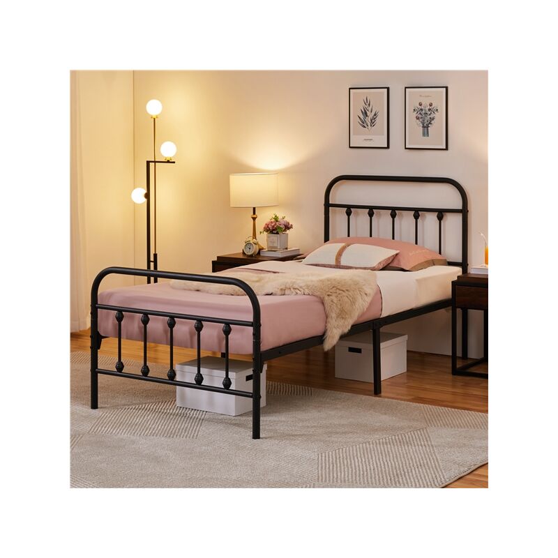 Yaheetech - Lit Adulte Simple Double en Métal Assemblage Simple pour Petits Espaces Adultes 90x200 cm/Noir