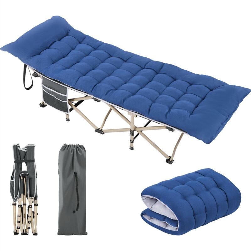 Yaheetech Lit de Camp 150 kg Charge Pliable Cadre en Métal avec Matelas Pochette Sac de Transport Cadre Gris/Coussin Bleu