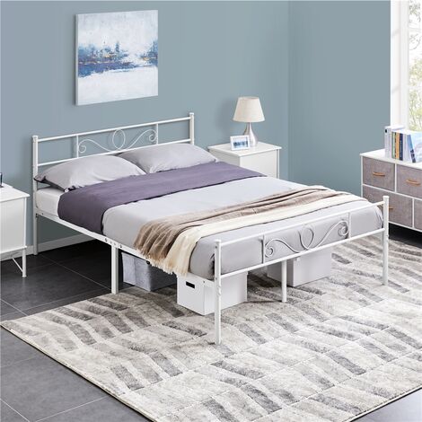 Yaheetech Lit Double 140 x 200 cm en métal pour Adultes Grande Espace en Lattes Blanc Moderne