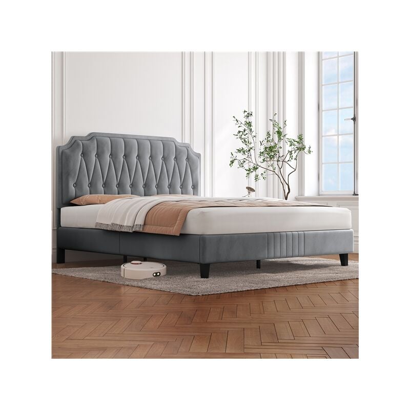 Lit Double 160x200 cm avec Sommier pour Adultes 2 Personnes à Deux Places, Cadre de Lit Capitonnée, Réglable en Hauteur, en Bois Massif et Métal,