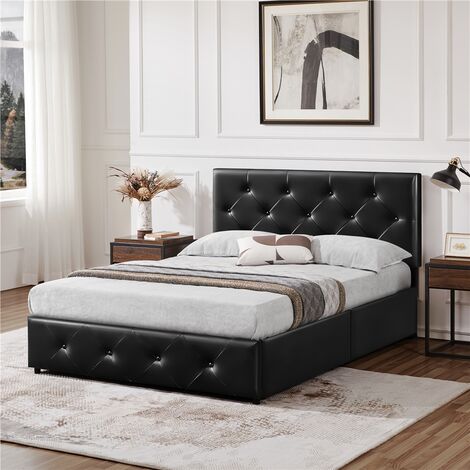 Yaheetech – Lit double avec tiroirs 140x200cm – Tête de lit capitonnée réglable – Sommier à lattes en bois massif et métal – Charge max 360kg