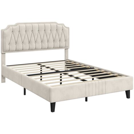 Yaheetech Lit Double Capitonnée Réglable en Hauteur Cadre de Lit en Bois avec Sommier à Lattes Pieds en Bois Massif et Métal- Beige - 160x200 cm