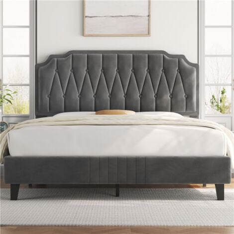 Yaheetech Lit Double Capitonnée Réglable en Hauteur Cadre de Lit en Bois avec Sommier à Lattes Pieds en Bois Massif et Métal- Gris Foncé - 160x200 cm