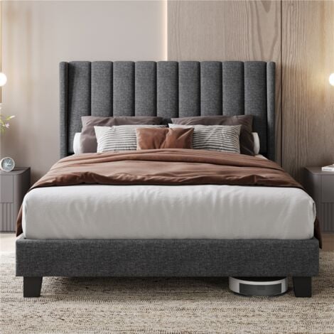 TORANA Yaheetech Lit Double Rembourré 140x200 cm avec Sommier à Lattes, Cadre de Lit Moderne pour Adultes 2 Personnes, Tête de Lit à Rayures, Lit en Bois et Métal, Gris Foncé