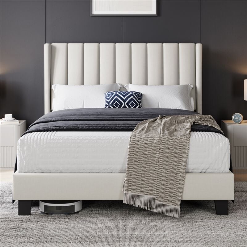 Yaheetech - Lit Double Rembourré avec Sommier à Lattes, Cadre de Lit Moderne pour Adultes 2 Personnes, Tête de Lit à Rayures, Lit en Bois et Métal,