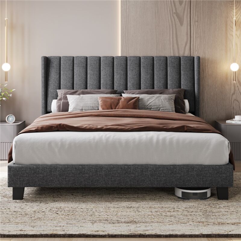 Yaheetech - Lit Double Rembourré avec Sommier à Lattes, Cadre de Lit Moderne pour Adultes 2 Personnes, Tête de Lit à Rayures, Lit en Bois et Métal,