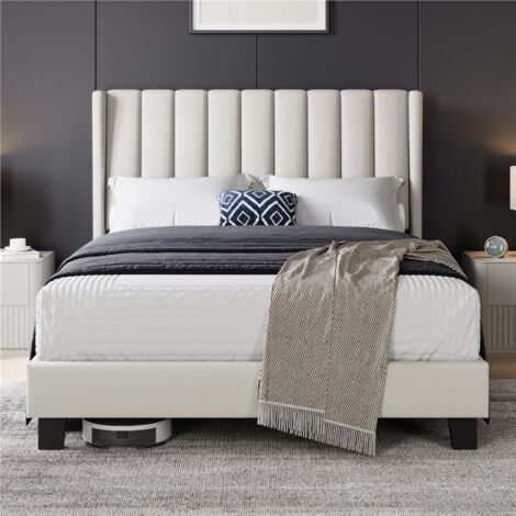 Yaheetech Lit Double Rembourré avec Sommier à Lattes, Cadre de Lit Moderne pour Adultes 2 Personnes, Tête de Lit à Rayures, Lit en Bois et Métal, Beige,140x200 cm