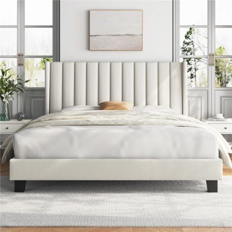 Yaheetech Lit Double Rembourré avec Sommier à Lattes, Cadre de Lit Moderne pour Adultes 2 Personnes, Tête de Lit à Rayures, Lit en Bois et Métal, Beige,160x200 cm