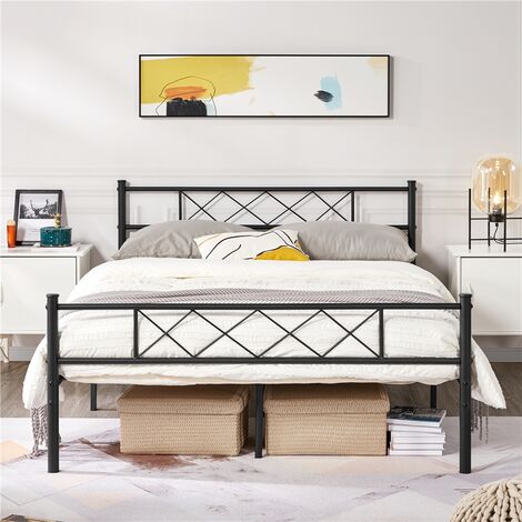 Yaheetech – Lit en métal double 140x200 cm noir – Structure robuste avec lattes – Charge maximale 272 kg – Design moderne pour chambre adulte