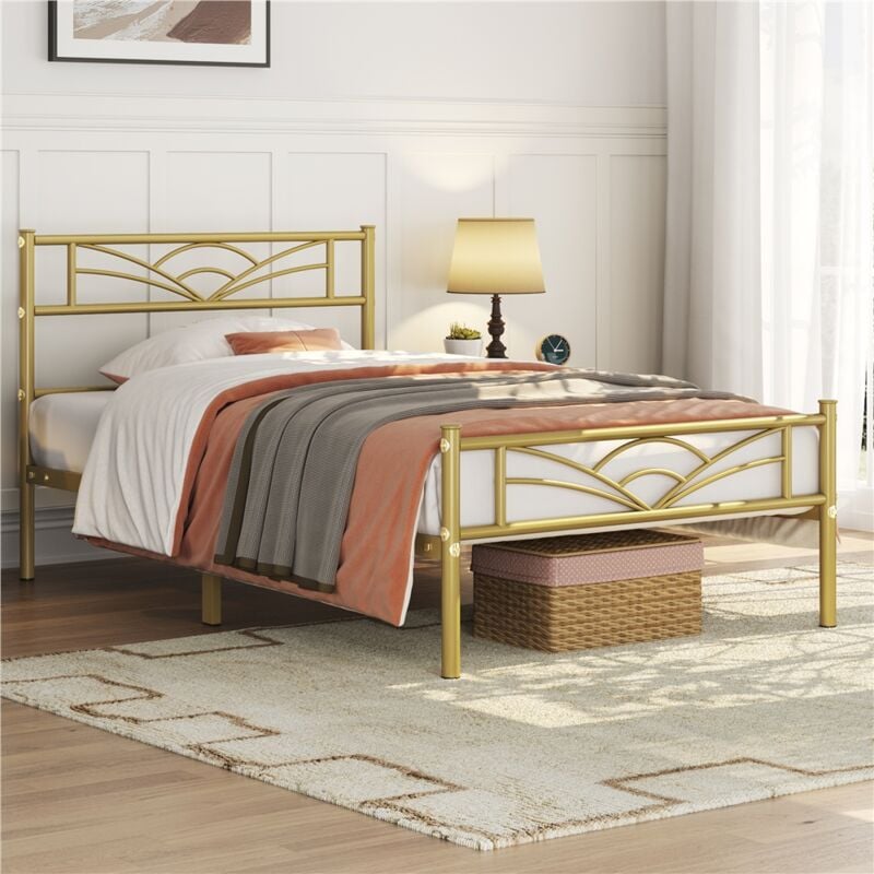 Cadre de lit en Métal Assemblage Simple pour Petits Espaces Adultes 90x200cm Or antique - Yaheetech