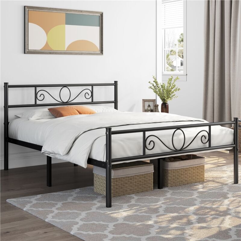 Yaheetech - Lit Simple 160 x 200 cm en métal pour Adultes Grande Espace en Lattes Noir Moderne