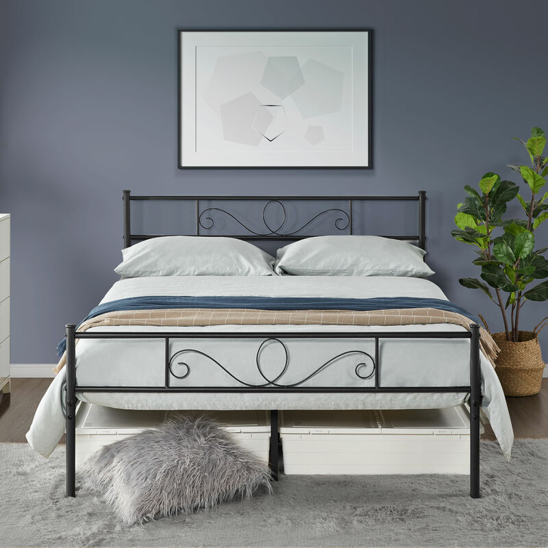 Lit Double 140 x 200 cm en métal pour Adultes Grande Espace en Lattes Noir Moderne - Yaheetech