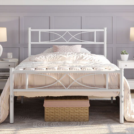 Yaheetech – Lit simple en métal 90x190 cm blanc – Cadre robuste avec lattes – Capacité 180 kg – Espace de rangement sous le lit