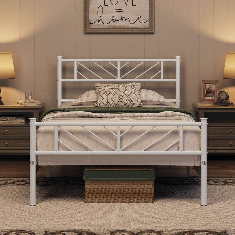 Cadre de 90x200 cm Lit en Métal pour Adultes Grande Espace en Lattes Moderne Blanc - Yaheetech