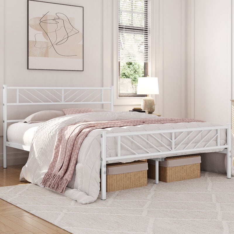 Cadre de lit 140x200 cm Lit en Métal pour Adultes Grande Espace en Lattes Moderne Blanc - Yaheetech