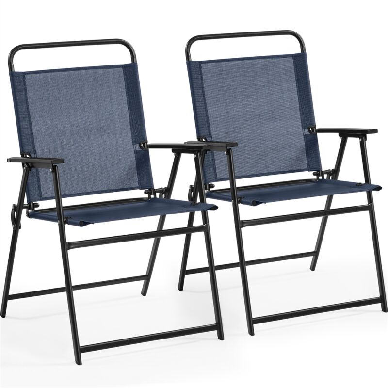 Lot de 2 Chaise de Jardin Extérieur Chaises Pliantes avec Dossier Haut et accoudoirs Chaises de terrasse Camping Portable Bleu Marine - Yaheetech