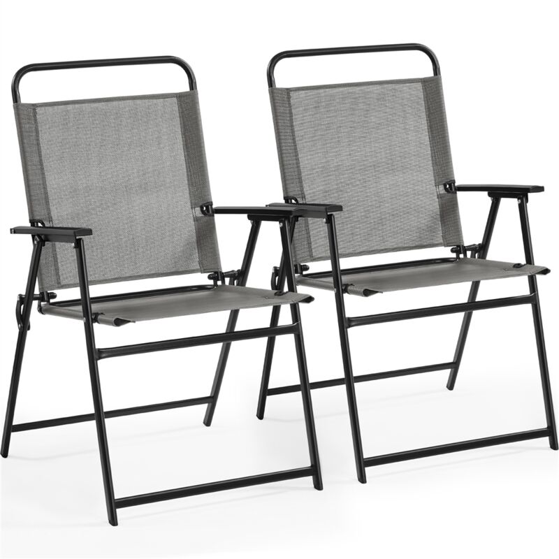 Lot de 2 Chaise de Jardin Extérieur Chaises Pliantes avec Dossier Haut et accoudoirs Chaises de terrasse Camping Portable Gris - Yaheetech
