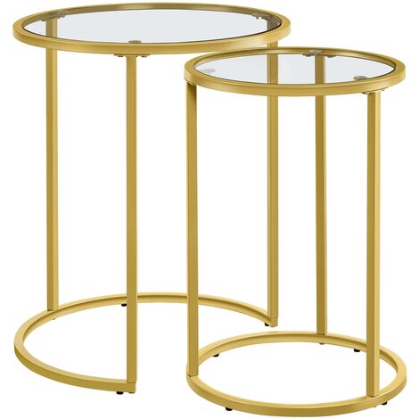 Yaheetech – Lot de 2 tables basses gigognes rondes en métal et verre trempé – Dimensions 49,5 x 49,5 x 59 cm – Couleur dorée – Empilables pour salon et balcon
