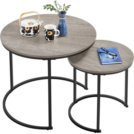 Yaheetech – Lot de 2 tables basses gigognes rondes – MDF et métal – Design moderne gris – Dimensions 60x60x50,2cm et 40x40x41,5cm