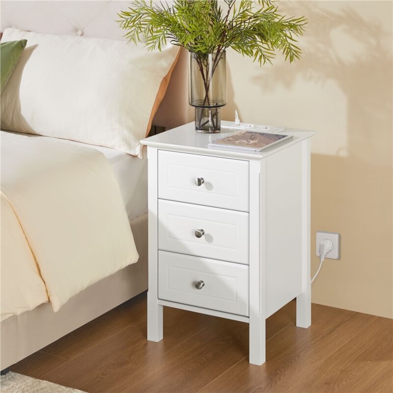Yaheetech Tables de Chevet avec Multiprise, 2 Ports USB 2 Prises CA, Table d'appoint, 3 Trioirs, Salon Chambre Bureau, Moderne, Blanche
