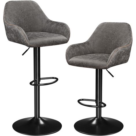 Yaheetech – Lot de 2 tabourets de bar hauts avec dossier – Similicuir gris – Hauteur réglable 87,5 à 107,5 cm – Charge 136 kg – Pivotants 360°