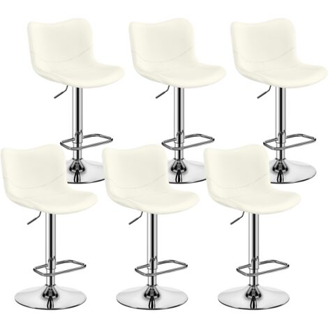 Yaheetech Lot de 6 Tabourets de Bar en Polyuréthane Chaises de Bar Réglables en Hauteur Rotatif sur 360° Tabouret Haut avec Dossier et Repose-Pieds pour Salle à Manger Comptoir Blanc