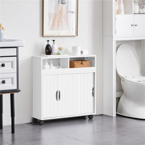 Yaheetech – Meuble bas de salle de bain sur roulettes – Porte coulissante – Étagère réglable 69,5 × 20 × 71,5 cm – MDF blanc résistant à l'eau