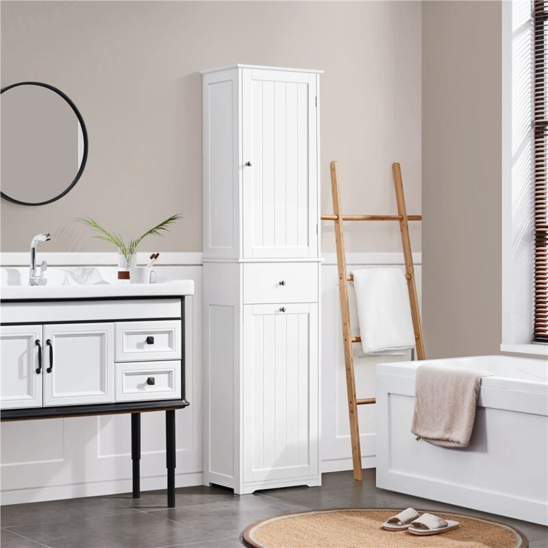 Meuble Colonne Salle de Bain Armoire avec 1 Panier à Linge 1 Tiroir 2 Étagères Ajustables 45 × 30 × 180 cm Blanc - Yaheetech