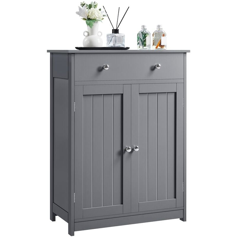 Meuble Rangement Salle de Bain, Armoire Toilette avec Grand Tiroir/2 Portes/Etagère Amovible, Commode Salon Cuisine Chambre, 60 x 30 x 80 cm Gris