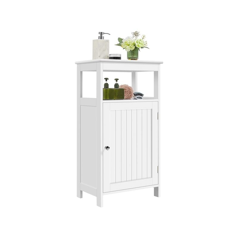 Meuble Salle de Bain, Armoire de Rangement sur Pieds, avec 1 Etagère de Rangement Ouverte, 1 Plateau Réglable, 1 Porte, 45 × 30 × 83,5 cm Blanc