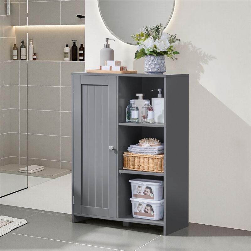 Yaheetech Meuble Salle de Bain Moderne, Meuble de Rangement avec Porte Unique 3 Étagères Ouvertes et 1 Plateau Réglable, 56 cm×30 cm×81 cm, Armoire