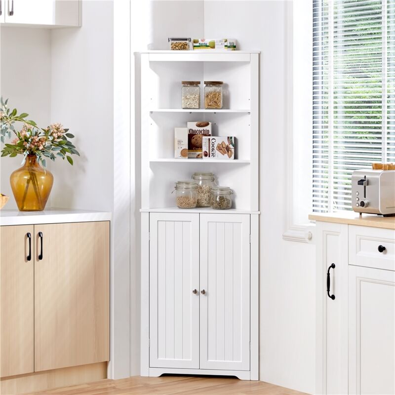 Meuble/Armoire Rangement Salle de Bain, Meuble d'angle Toilette Haute Blanche avec Placards Tablettes Réglables et 3 Étagères 60 x 31,5 x 163 cm