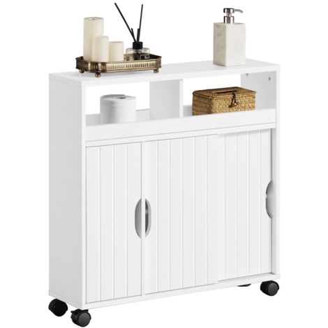 Yaheetech Mobile da Bagno con Ruote Armadietto da Terra con Ante Scorrevole Mobiletto in Legno con Ripiani Multilivello 69,5 x 20 x 71,5 cm Armadio Portaoggetti Bianco